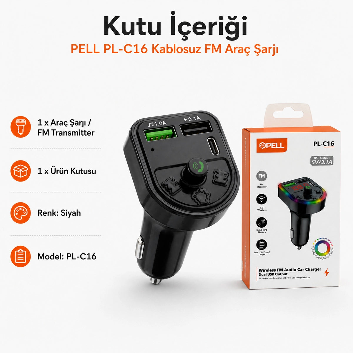 PELL PL-C16 Bluetooth Araç Kiti ve FM Transmitter, PD Type-C Hızlı Şarjlı MP3 Çalar