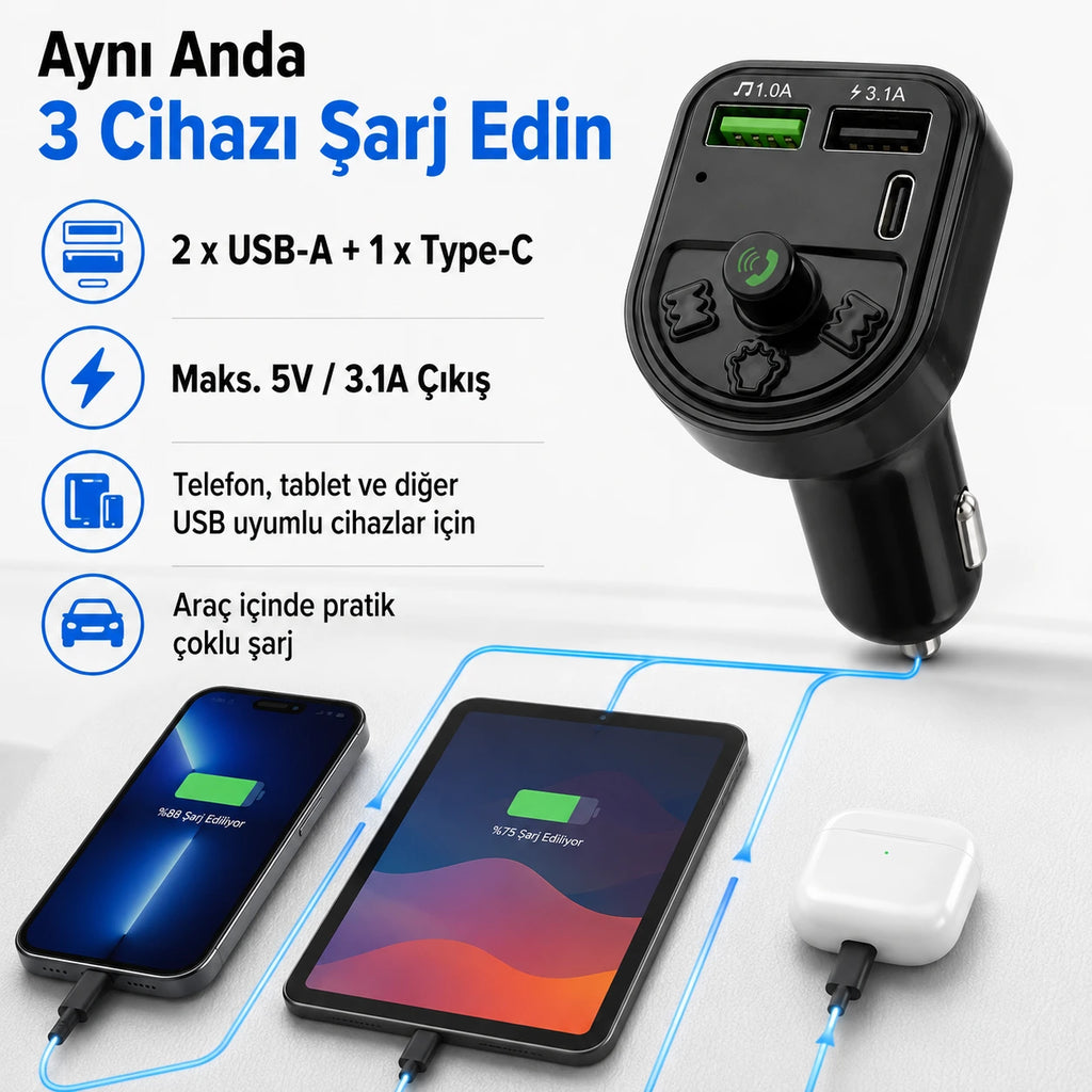 PL-C16 Bluetooth 5.3 FM Transmitter Araç Şarj Cihazı 5V/3.1A, Kablosuz Araç Çakmaklık Adaptörü