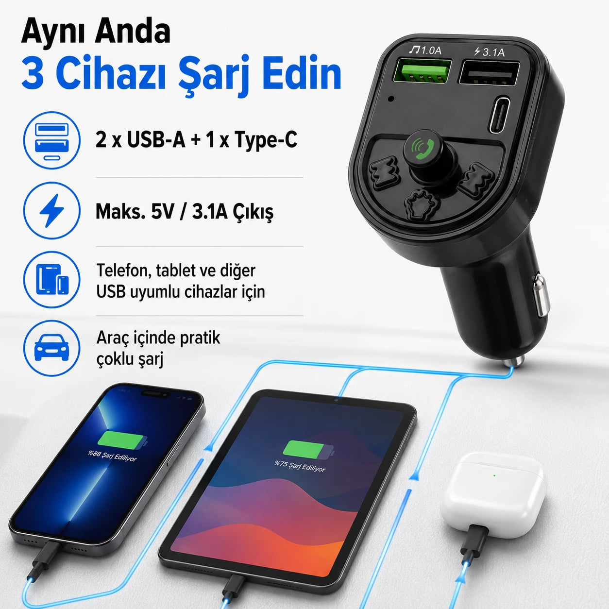 PL-C16 Bluetooth 5.3 FM Transmitter Araç Şarj Cihazı 5V/3.1A, Kablosuz Araç Çakmaklık Adaptörü
