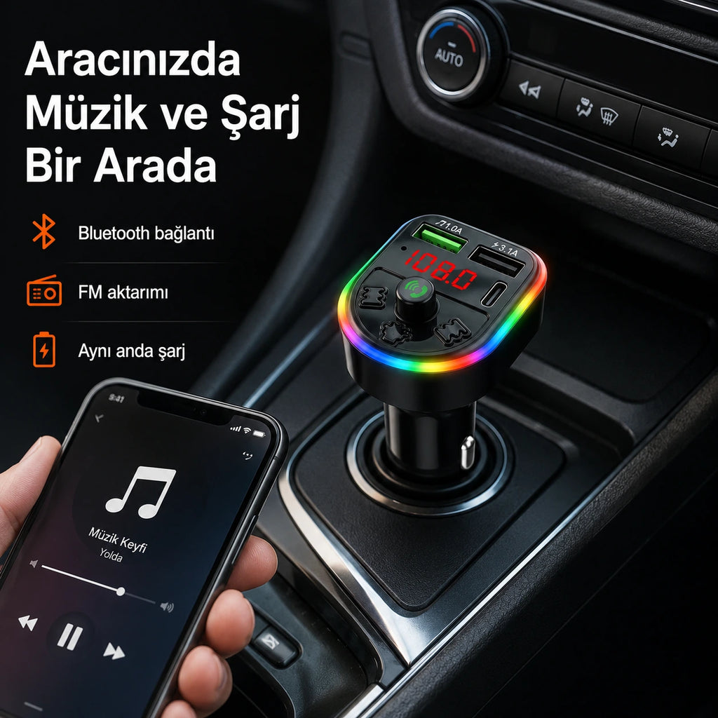 PL-C16 Bluetooth 5.3 FM Transmitter Araç Şarj Cihazı 5V/3.1A, Kablosuz Araç Çakmaklık Adaptörü