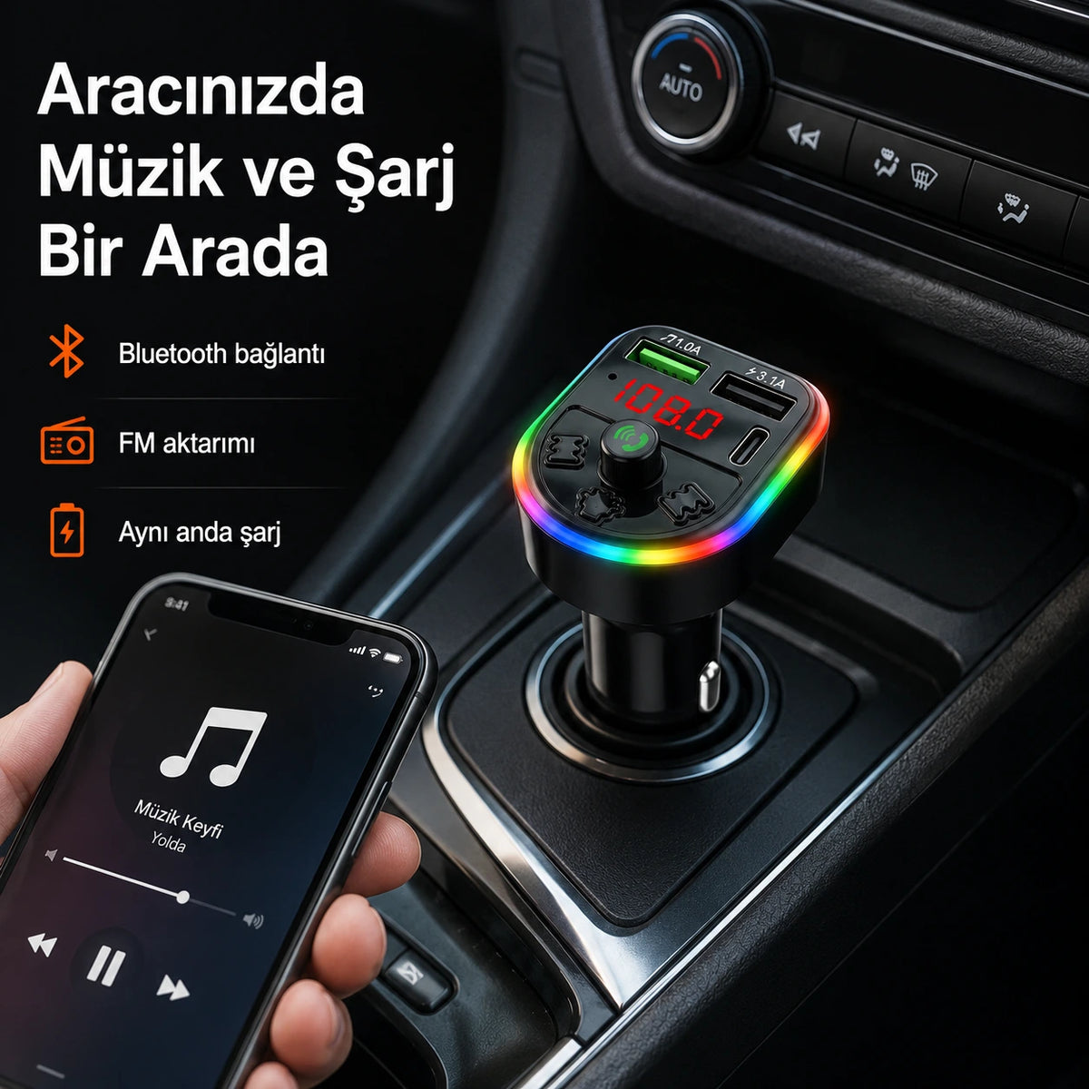 PELL PL-C16 Bluetooth Araç Kiti ve FM Transmitter, PD Type-C Hızlı Şarjlı MP3 Çalar
