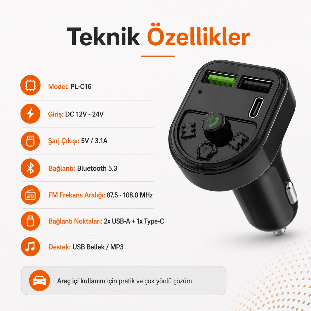PL-C16 Bluetooth 5.3 FM Transmitter Araç Şarj Cihazı 5V/3.1A, Kablosuz Araç Çakmaklık Adaptörü