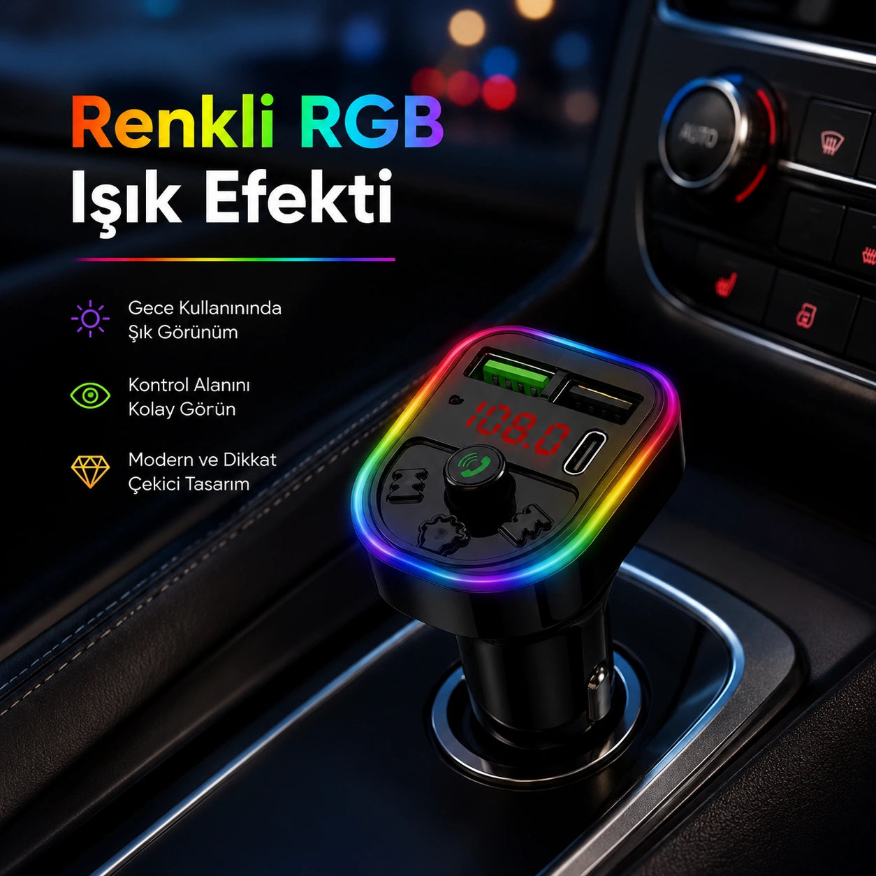 PL-C16 Bluetooth 5.3 FM Transmitter Araç Şarj Cihazı 5V/3.1A, Kablosuz Araç Çakmaklık Adaptörü