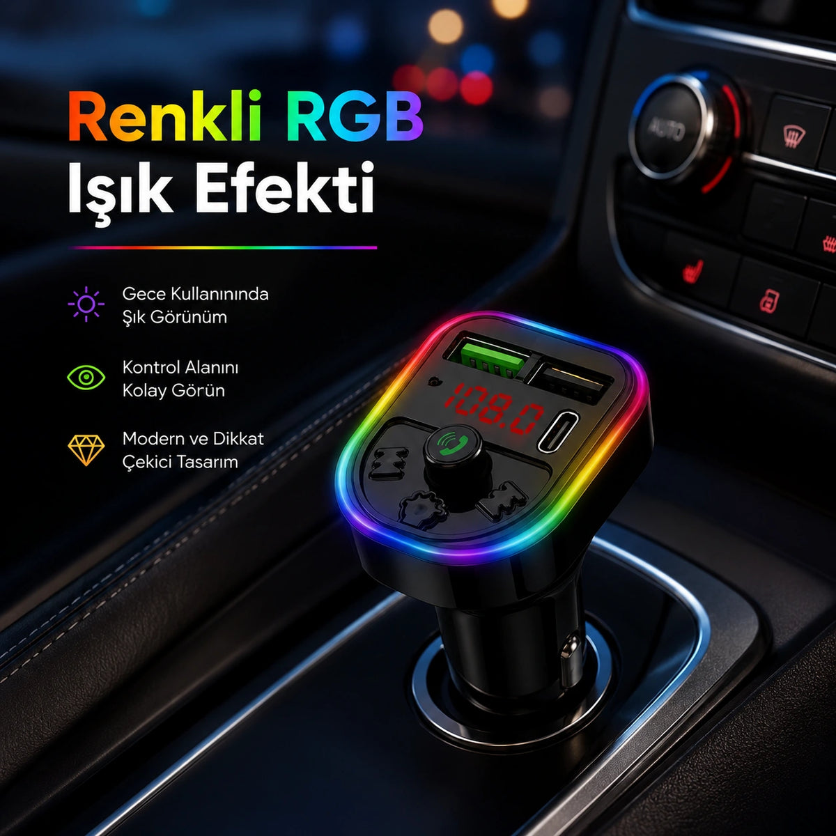 PELL PL-C16 Bluetooth Araç Kiti ve FM Transmitter, PD Type-C Hızlı Şarjlı MP3 Çalar