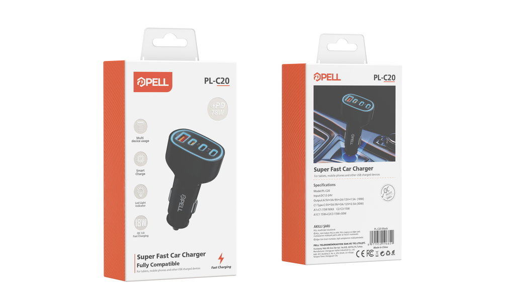 PL-C20 78W 4 Portlu PD QC 3.0 Hızlı Araç Şarj Cihazı, Çoklu Girişli Çakmaklık Şarj Adaptörü