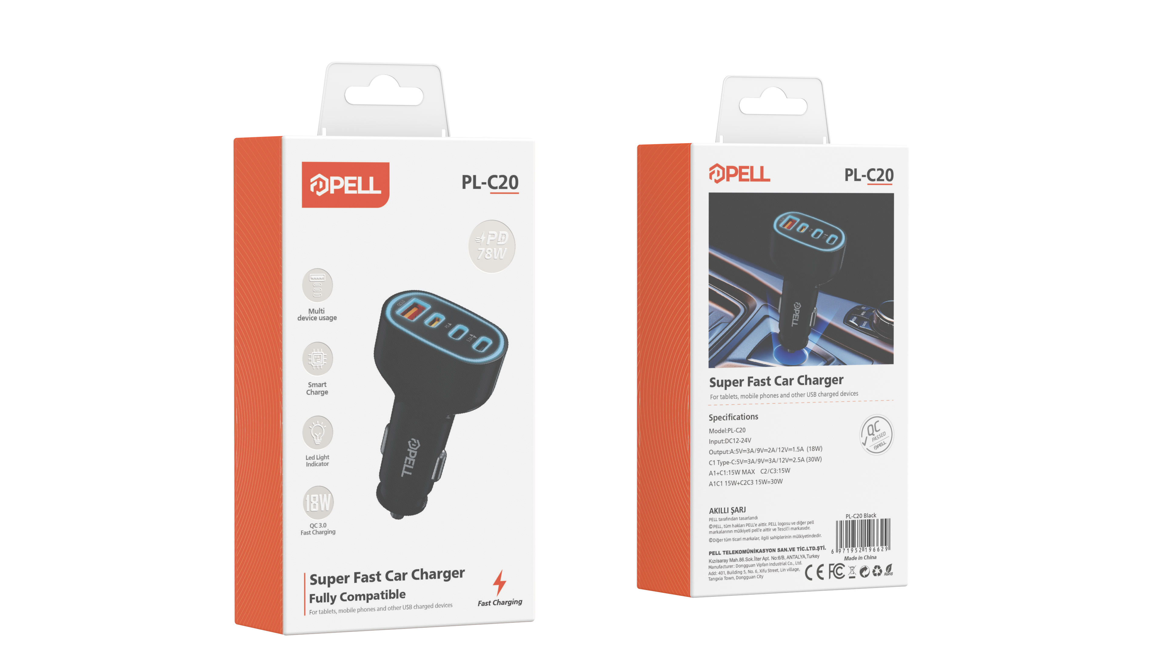 PL-C20 78W 4 Portlu PD QC 3.0 Hızlı Araç Şarj Cihazı, Çoklu Girişli Çakmaklık Şarj Adaptörü