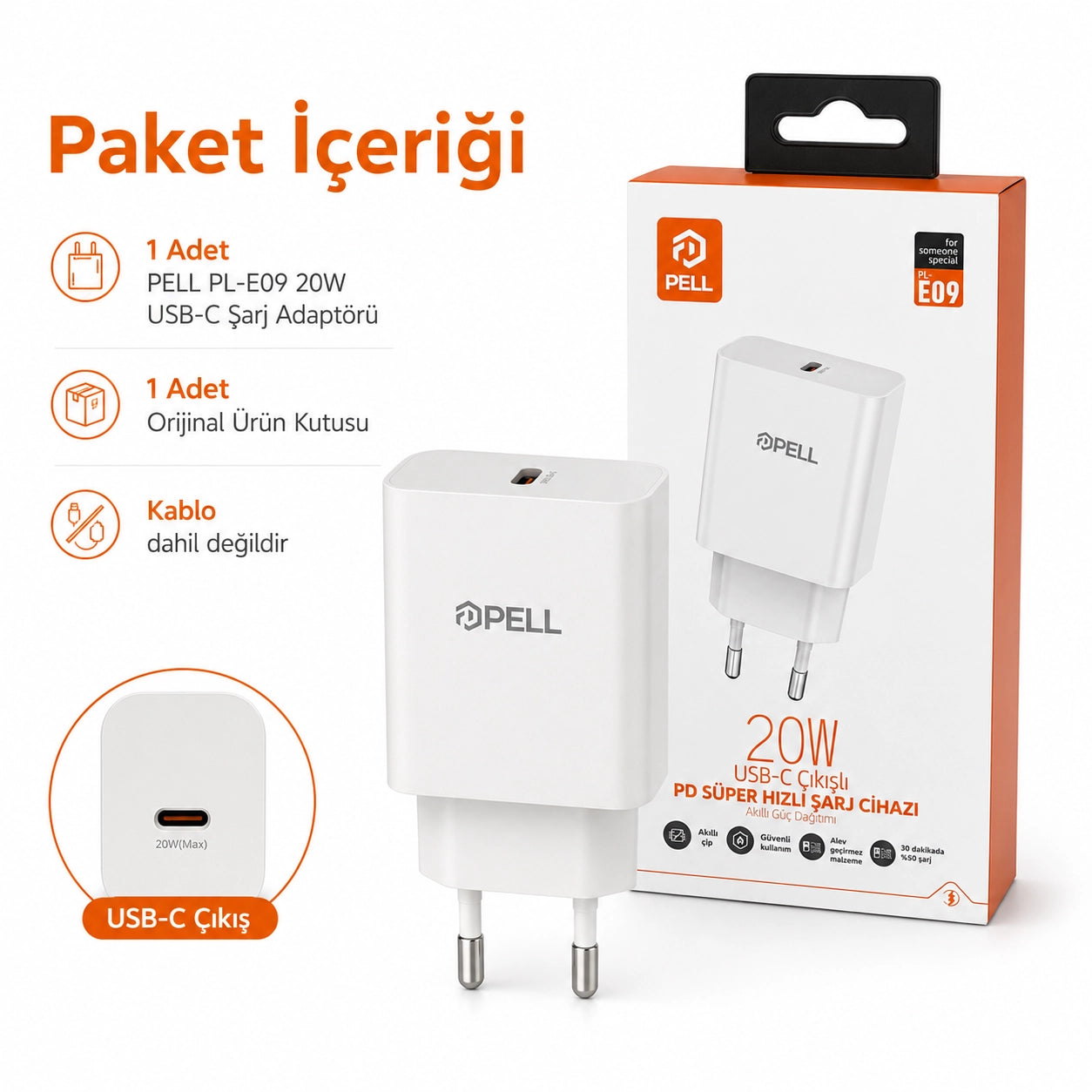 PL-E09 20W PD Süper Hızlı Şarj Başlığı, USB-C Evrensel Şarj Adaptörü