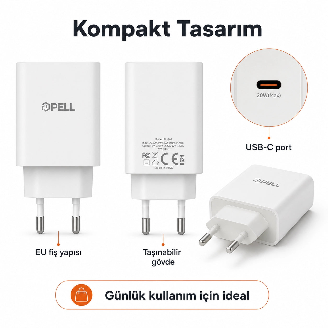 PL-E09 20W PD Süper Hızlı Şarj Başlığı, USB-C Evrensel Şarj Adaptörü
