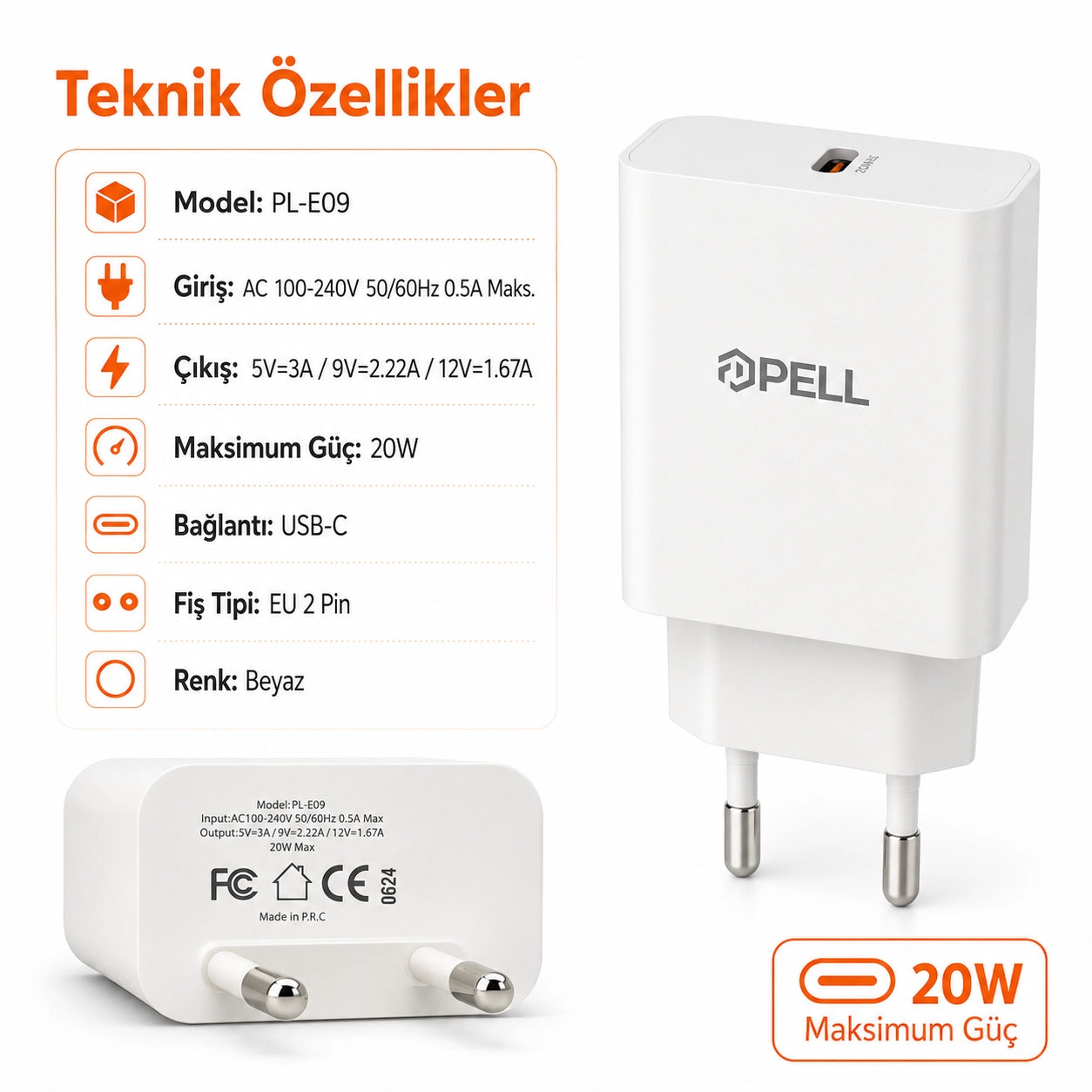 PL-E09 20W PD Süper Hızlı Şarj Başlığı, USB-C Evrensel Şarj Adaptörü
