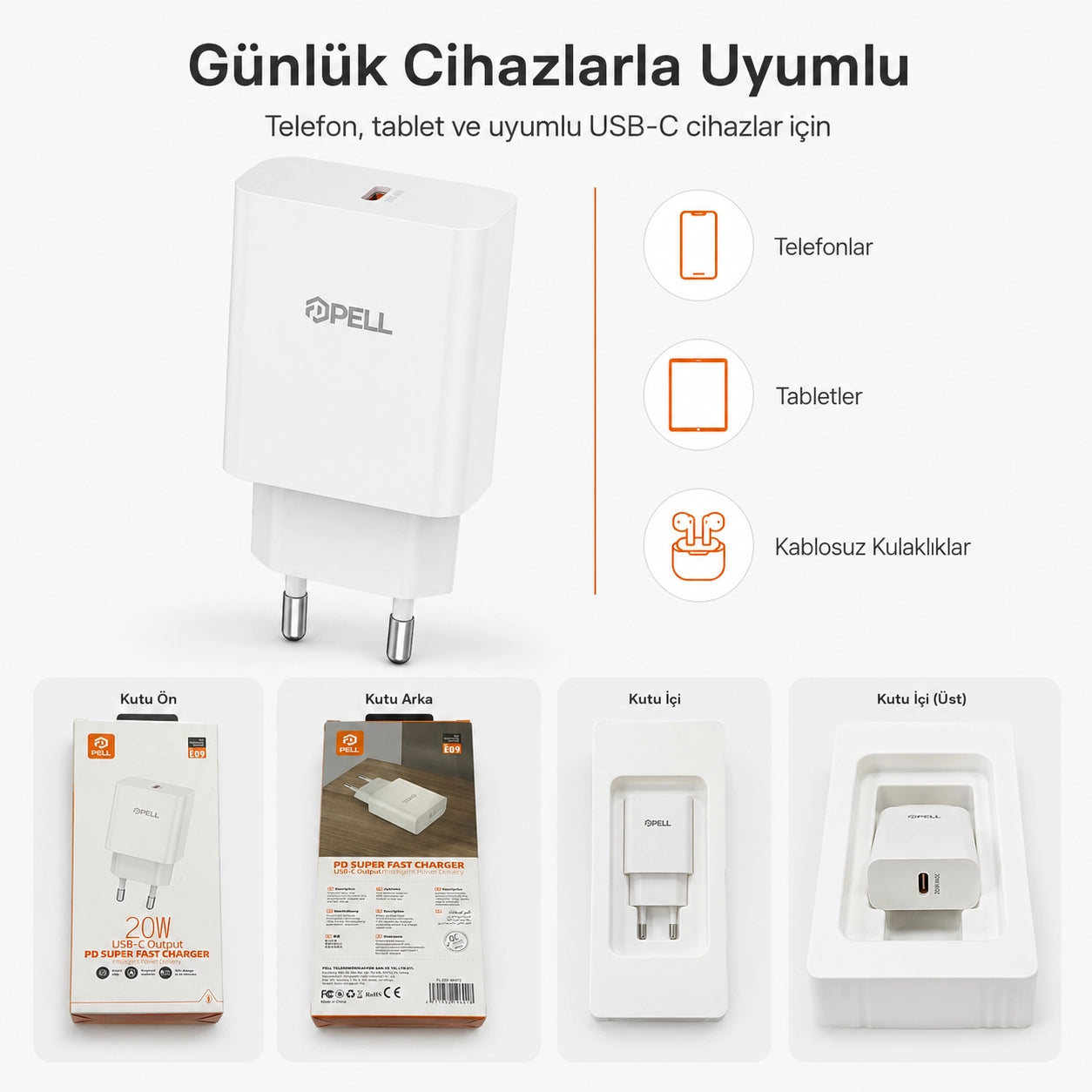 PL-E09 20W Type-C PD Hızlı Duvar Şarj Cihazı, Akıllı Telefon Şarj Başlığı