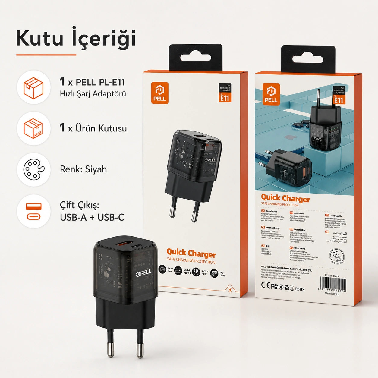 PL-E11 20W PD Çift Girişli Hızlı Şarj Başlığı, USB ve Type-C Seyahat Adaptörü
