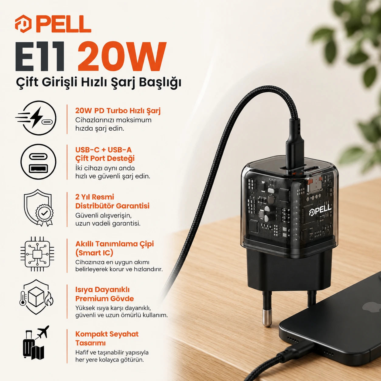 PL-E11 20W PD Çift Girişli Hızlı Şarj Başlığı, USB ve Type-C Seyahat Adaptörü