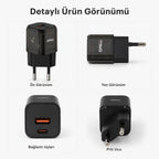PL-E11 20W PD Çift Girişli Hızlı Şarj Başlığı, USB ve Type-C Seyahat Adaptörü