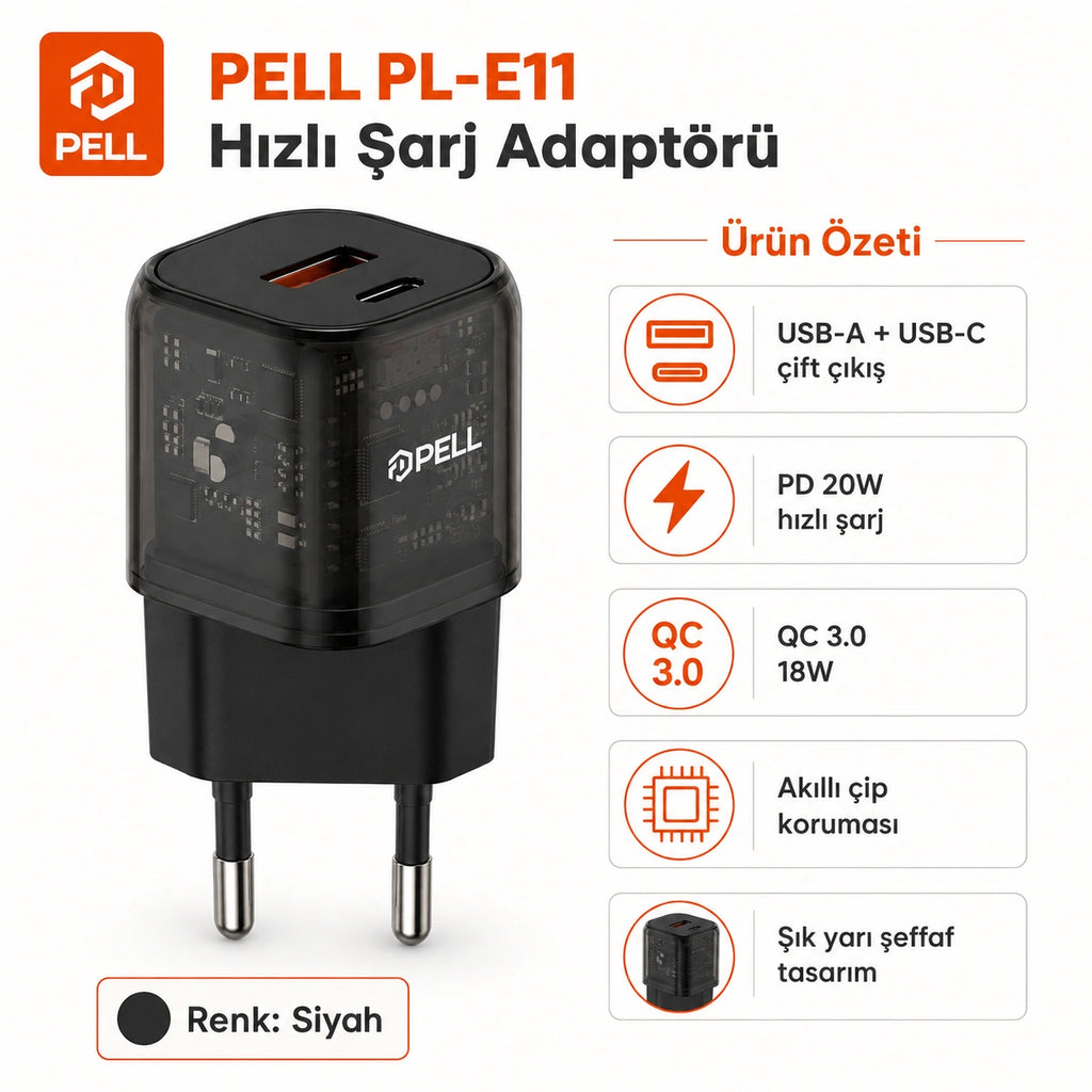 PL-E11 20W PD Çift Girişli Hızlı Şarj Başlığı, USB ve Type-C Seyahat Adaptörü
