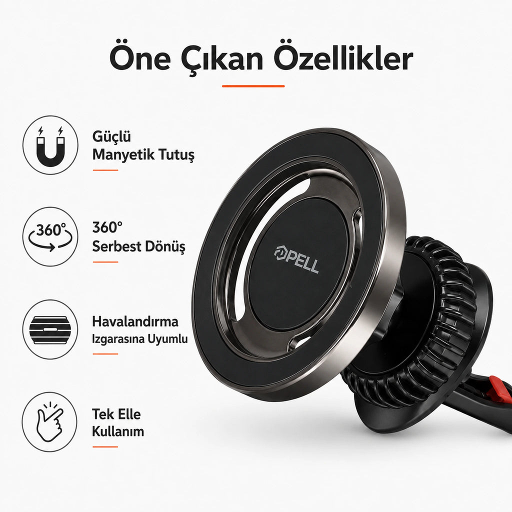 PL-H07 Magsafe Araç İçi Telefon Tutucu 15W Kablosuz Şarjlı, 360° Dönebilen Manyetik Tutacak