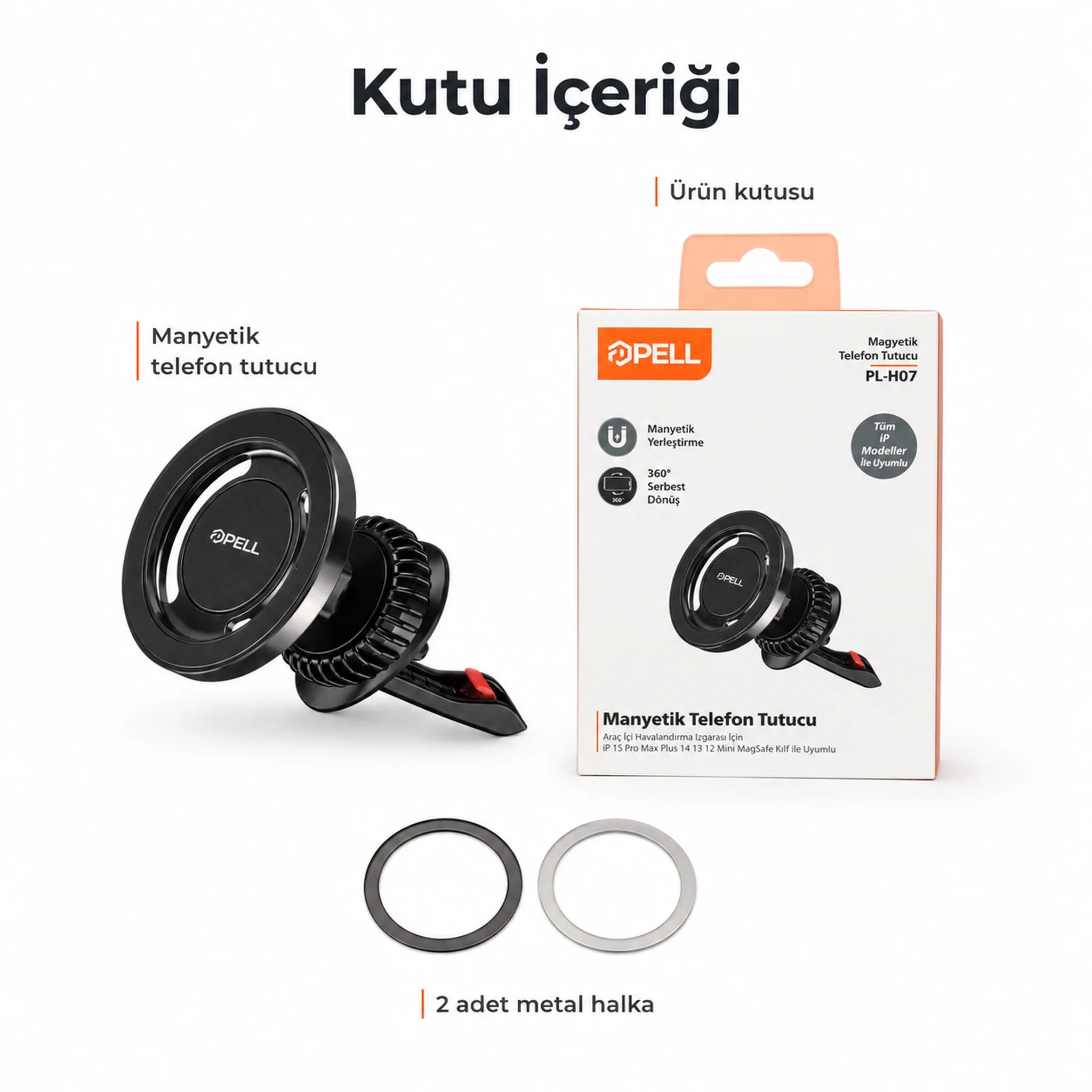 PL-H07 Magsafe Araç İçi Telefon Tutucu 15W Kablosuz Şarjlı, 360° Dönebilen Manyetik Tutacak