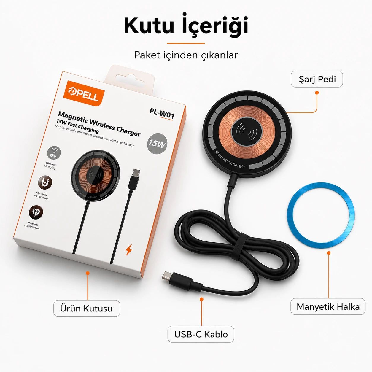 PL-W01 15W Manyetik Kablosuz Şarj Cihazı, Type-C Girişli Wireless Şarj Pedi