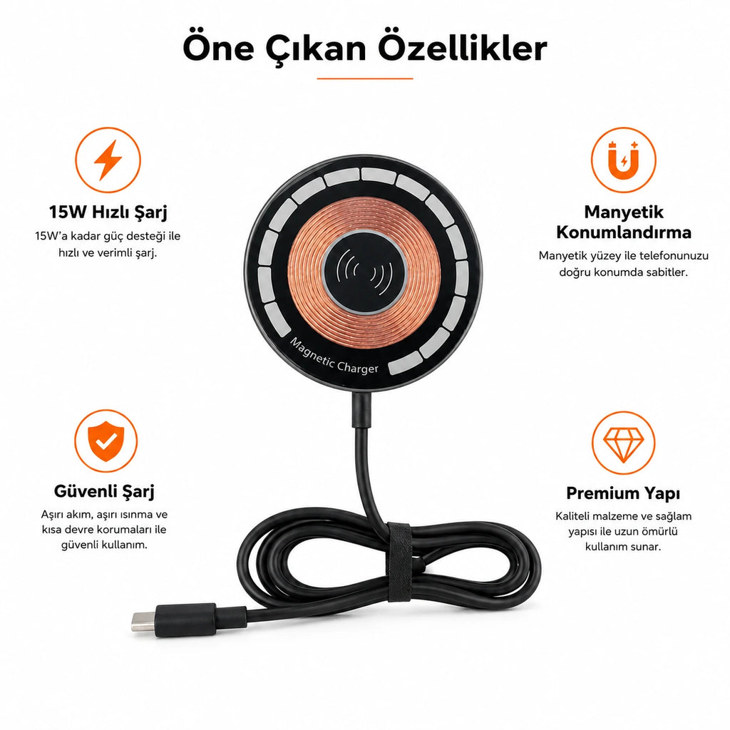 PL-W01 15W Manyetik Kablosuz Şarj Cihazı, Type-C Girişli Wireless Şarj Pedi