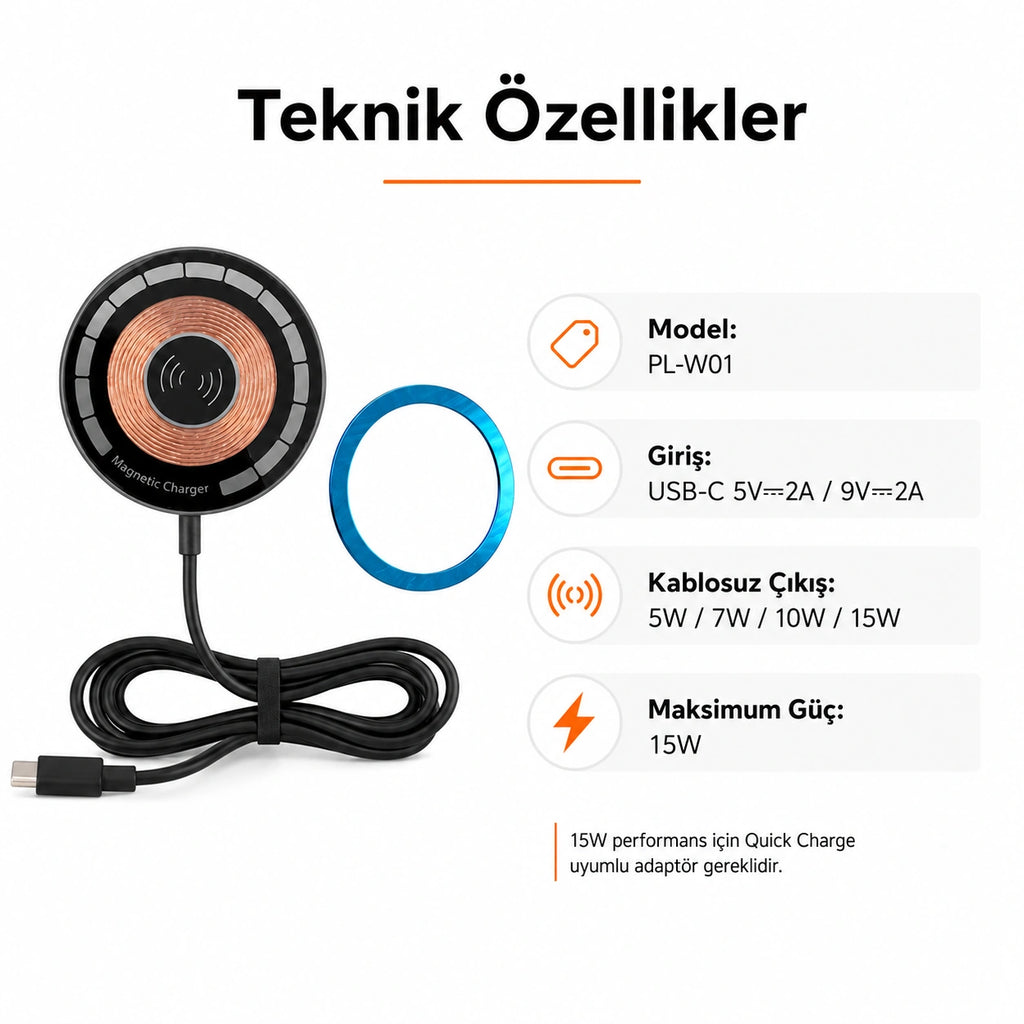 PL-W01 15W Manyetik Kablosuz Şarj Cihazı, Type-C Girişli Wireless Şarj Pedi