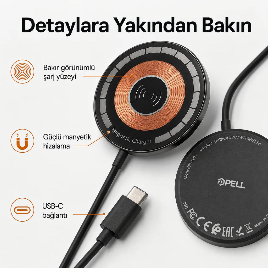 PL-W01 15W Manyetik Kablosuz Şarj Cihazı, Type-C Girişli Wireless Şarj Pedi