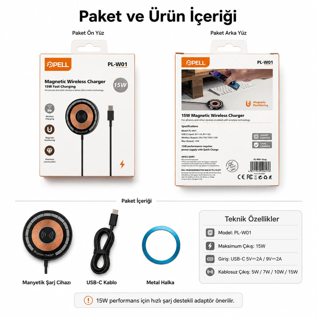 PL-W01 15W Manyetik Kablosuz Şarj Cihazı, Type-C Girişli Wireless Şarj Pedi