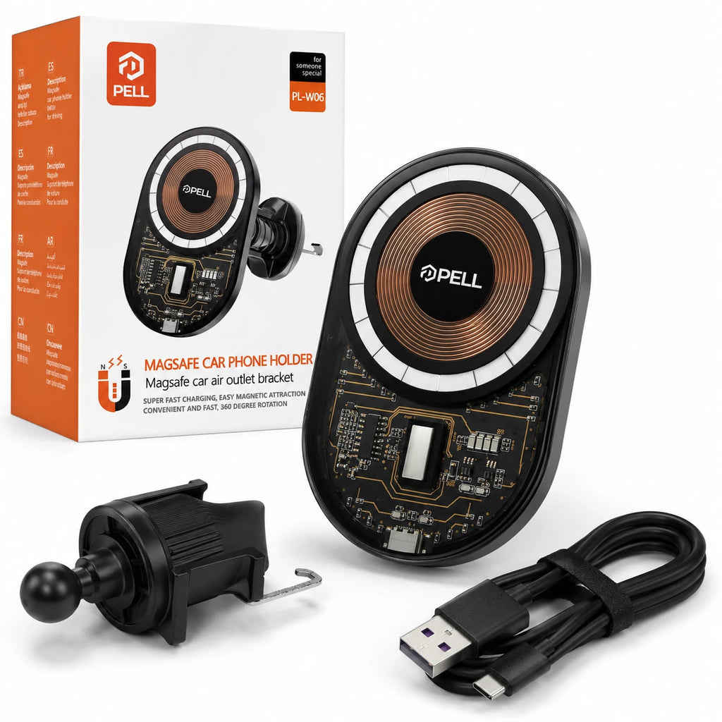 PELL PL-W06 MagSafe Kablosuz Hızlı Şarjlı Araç İçi Telefon Tutucu, 360° Dönebilen Izgara Tipi Havalandırma Standı