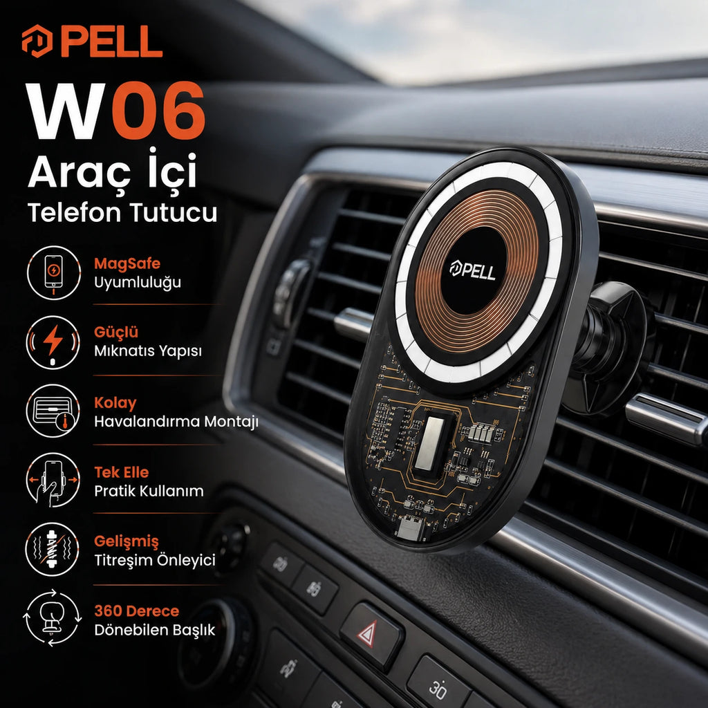 PELL PL-W06 MagSafe Kablosuz Hızlı Şarjlı Araç İçi Telefon Tutucu, 360° Dönebilen Izgara Tipi Havalandırma Standı