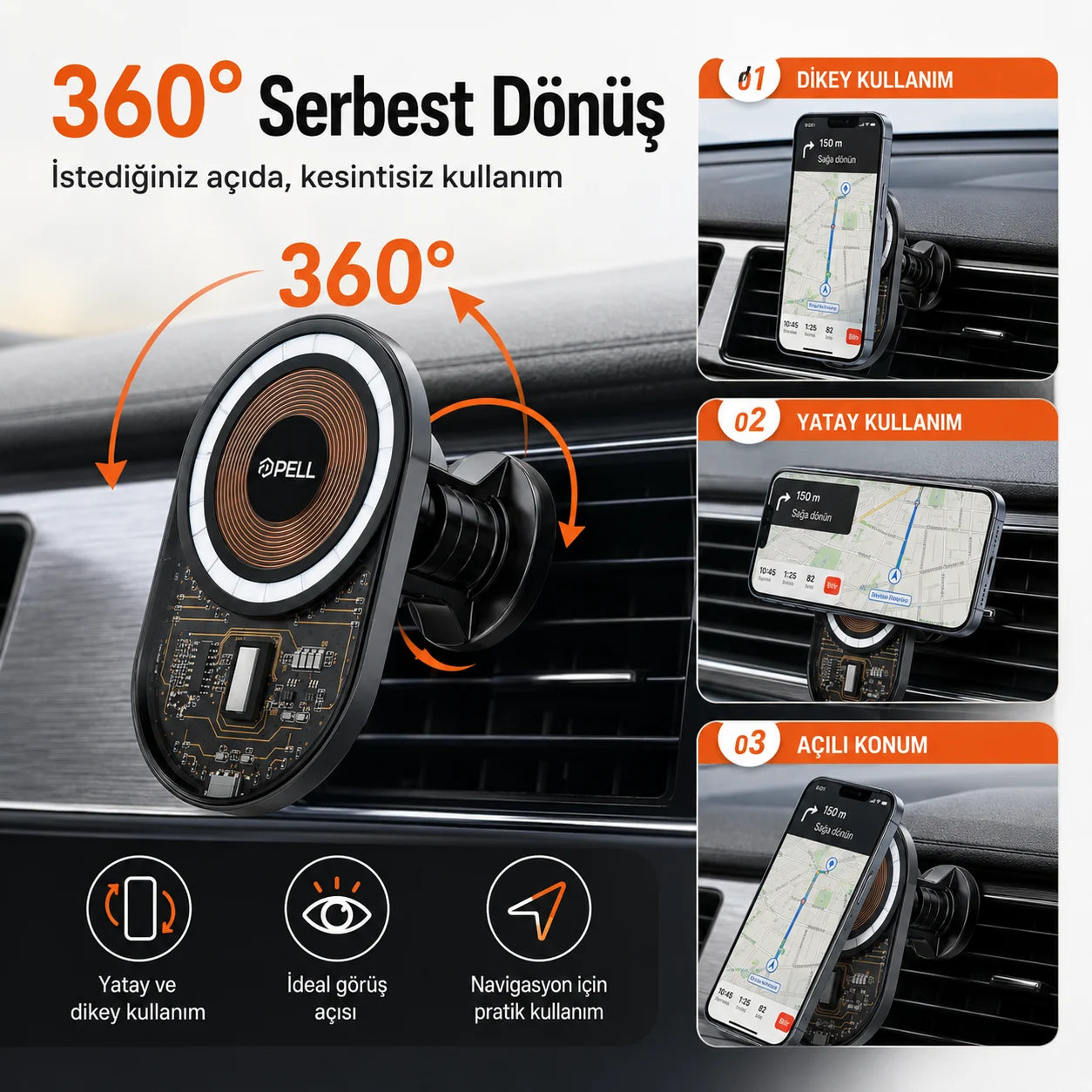 PL-W06 MagSafe Kablosuz Hızlı Şarjlı Araç İçi Telefon Tutucu, 360° Dönebilen Izgara Tipi Havalandırma Standı