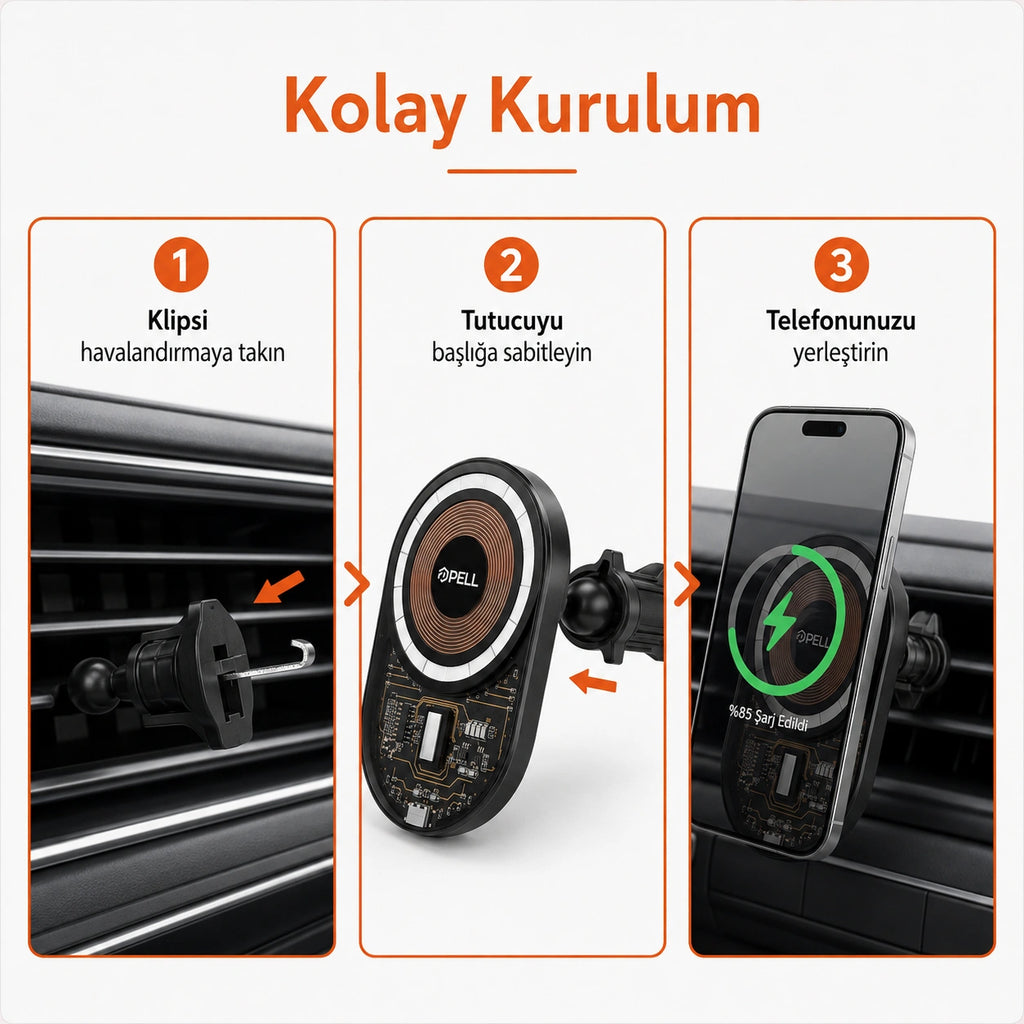 PELL PL-W06 MagSafe Kablosuz Hızlı Şarjlı Araç İçi Telefon Tutucu, 360° Dönebilen Izgara Tipi Havalandırma Standı