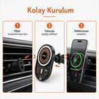 PELL PL-W06 MagSafe Kablosuz Hızlı Şarjlı Araç İçi Telefon Tutucu, 360° Dönebilen Izgara Tipi Havalandırma Standı