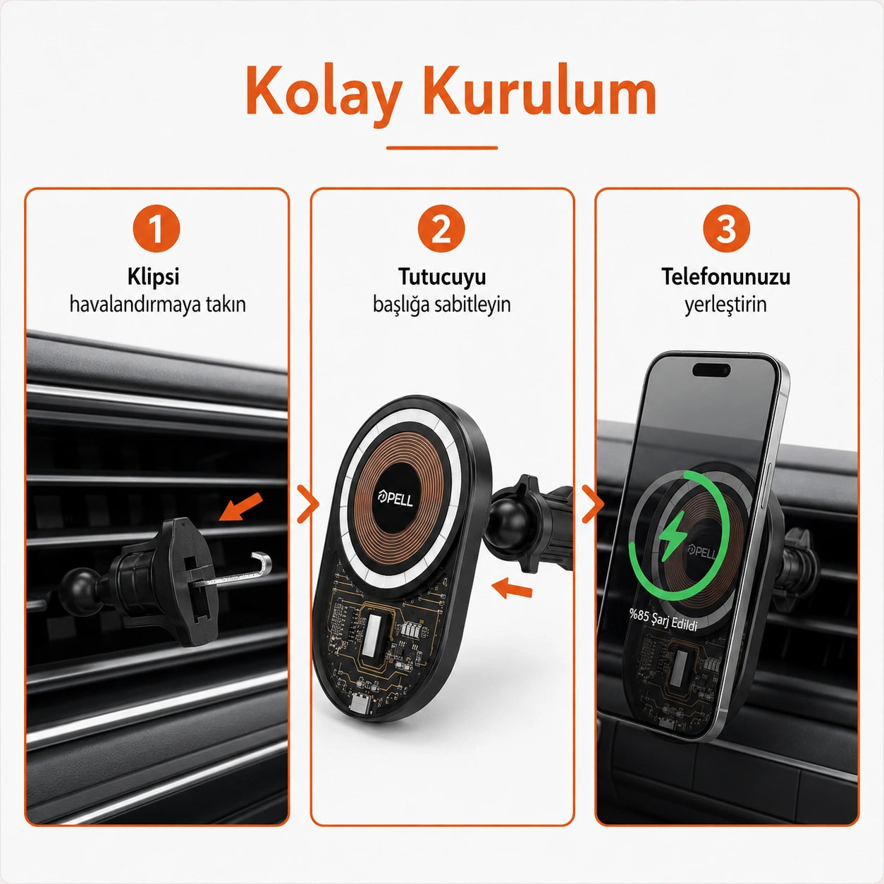 PELL PL-W06 MagSafe Kablosuz Hızlı Şarjlı Araç İçi Telefon Tutucu, 360° Dönebilen Izgara Tipi Havalandırma Standı