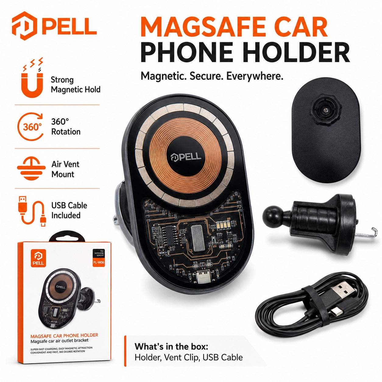 PL-W06 MagSafe Kablosuz Hızlı Şarjlı Araç İçi Telefon Tutucu, 360° Dönebilen Izgara Tipi Havalandırma Standı