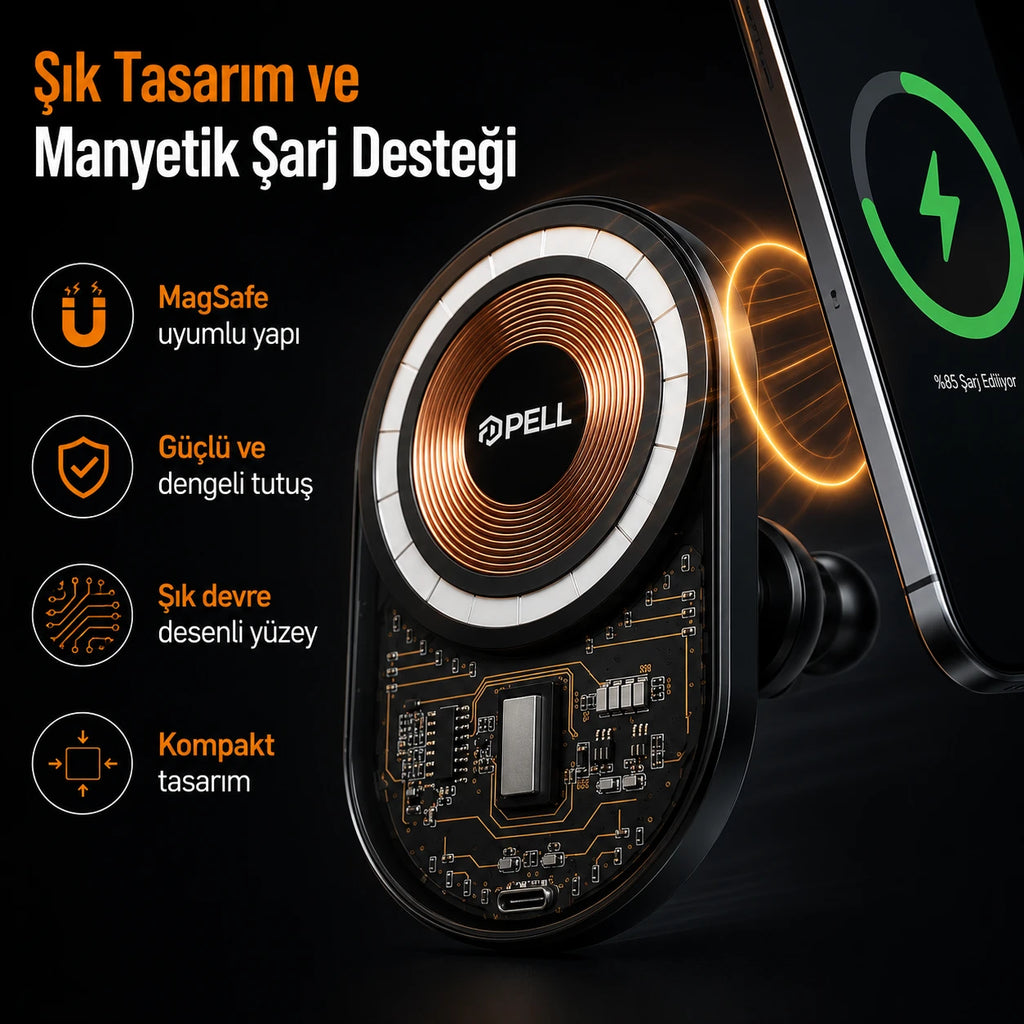 PELL PL-W06 MagSafe Kablosuz Hızlı Şarjlı Araç İçi Telefon Tutucu, 360° Dönebilen Izgara Tipi Havalandırma Standı