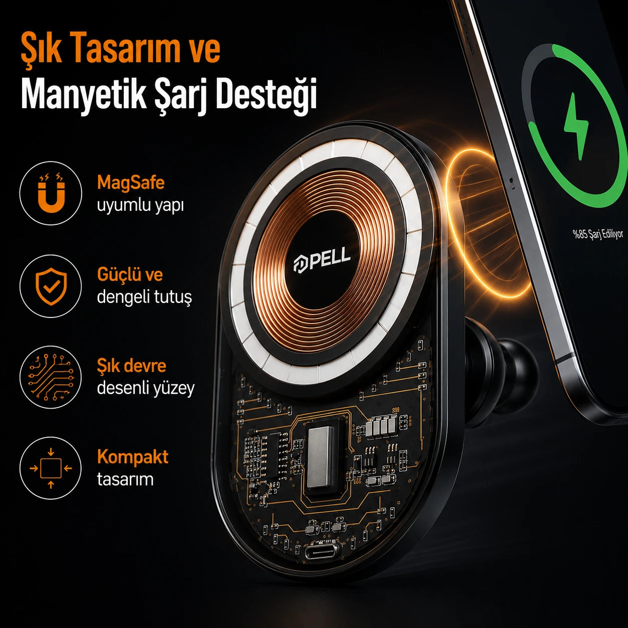 PELL PL-W06 MagSafe Kablosuz Hızlı Şarjlı Araç İçi Telefon Tutucu, 360° Dönebilen Izgara Tipi Havalandırma Standı