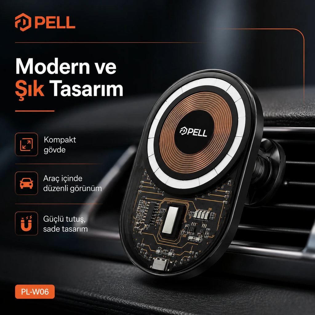 PELL PL-W06 MagSafe Kablosuz Hızlı Şarjlı Araç İçi Telefon Tutucu, 360° Dönebilen Izgara Tipi Havalandırma Standı
