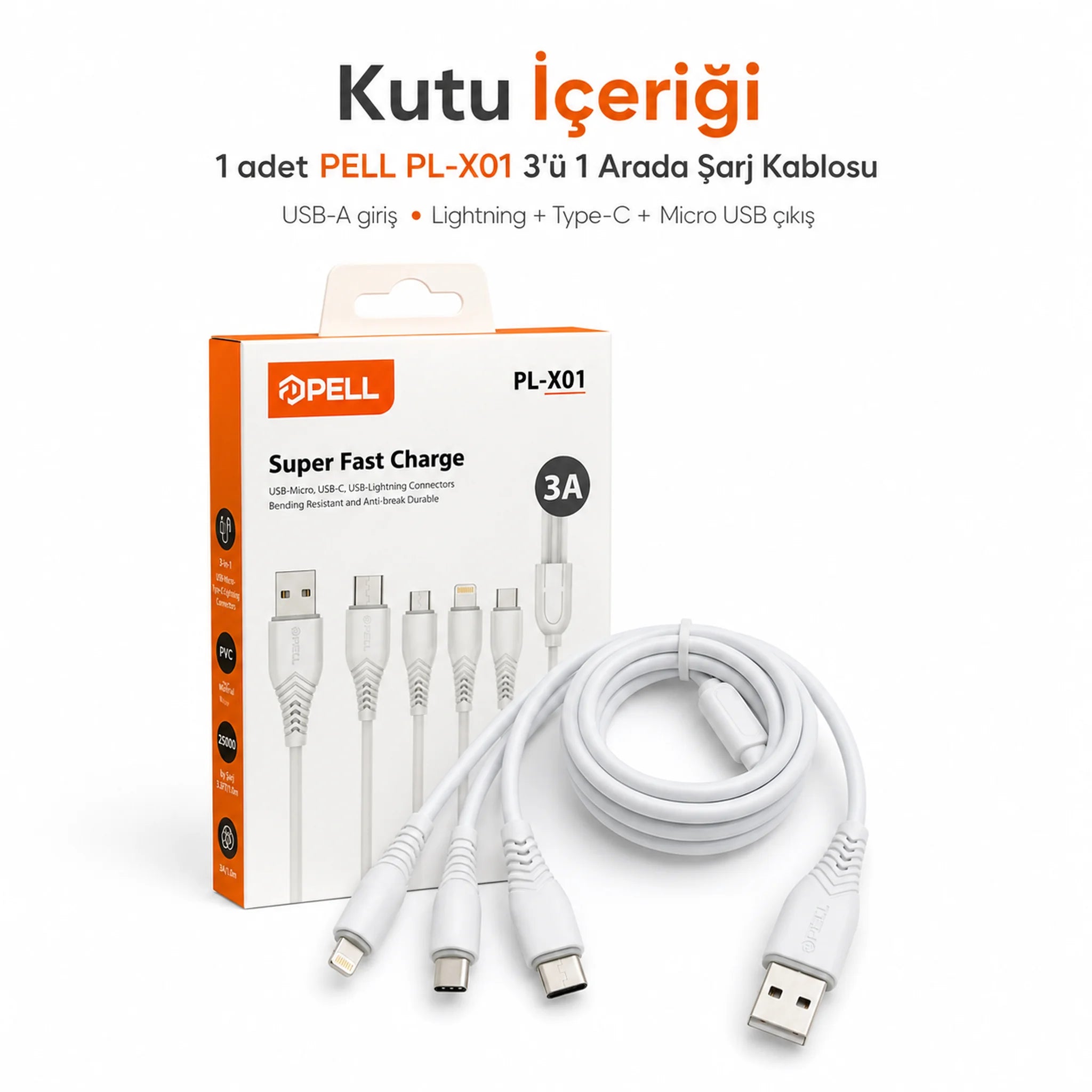 PL-X01 3'ü 1 Arada Hızlı Şarj Kablosu 1m, Type-C Micro Lightning Data Kablosu