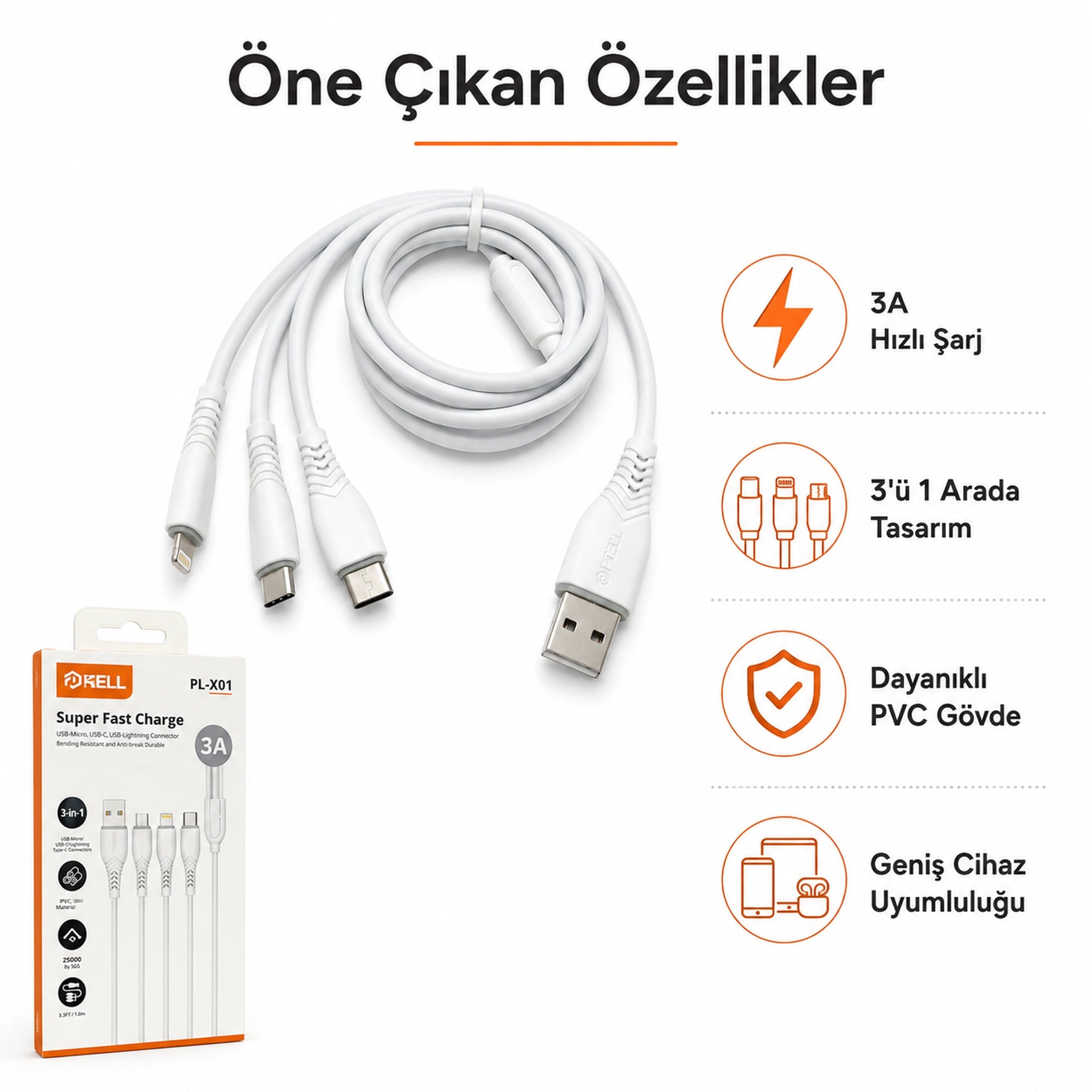 PL-X01 3'ü 1 Arada Hızlı Şarj Kablosu 1m, Type-C Micro Lightning Data Kablosu