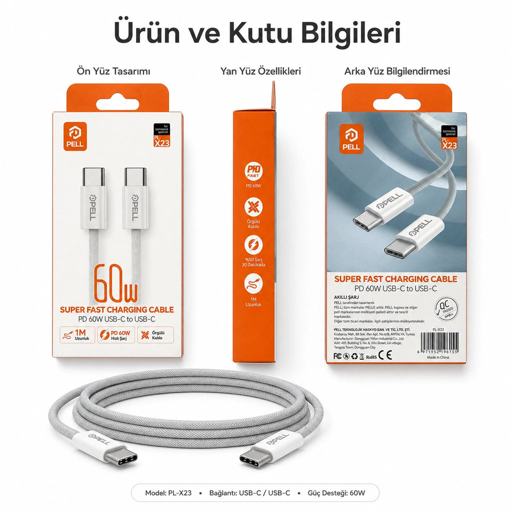 PL-X23 60W PD Type-C to Type-C Hızlı Şarj Kablosu 1m, Örgülü Data Kablosu