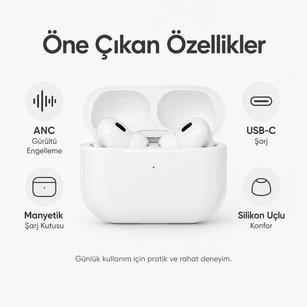 PELL Pro 2. Nesil TWS Bluetooth Kulaklık, Aktif Gürültü Engelleyici ANC USB-C Kablosuz Kulak İçi Kulaklık