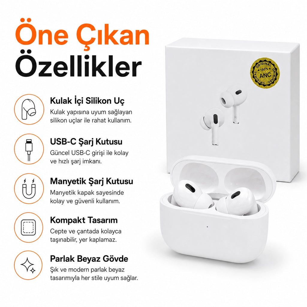 Pro 2. Nesil TWS Bluetooth Kulaklık, Aktif Gürültü Engelleyici ANC USB-C Kablosuz Kulak İçi Kulaklık