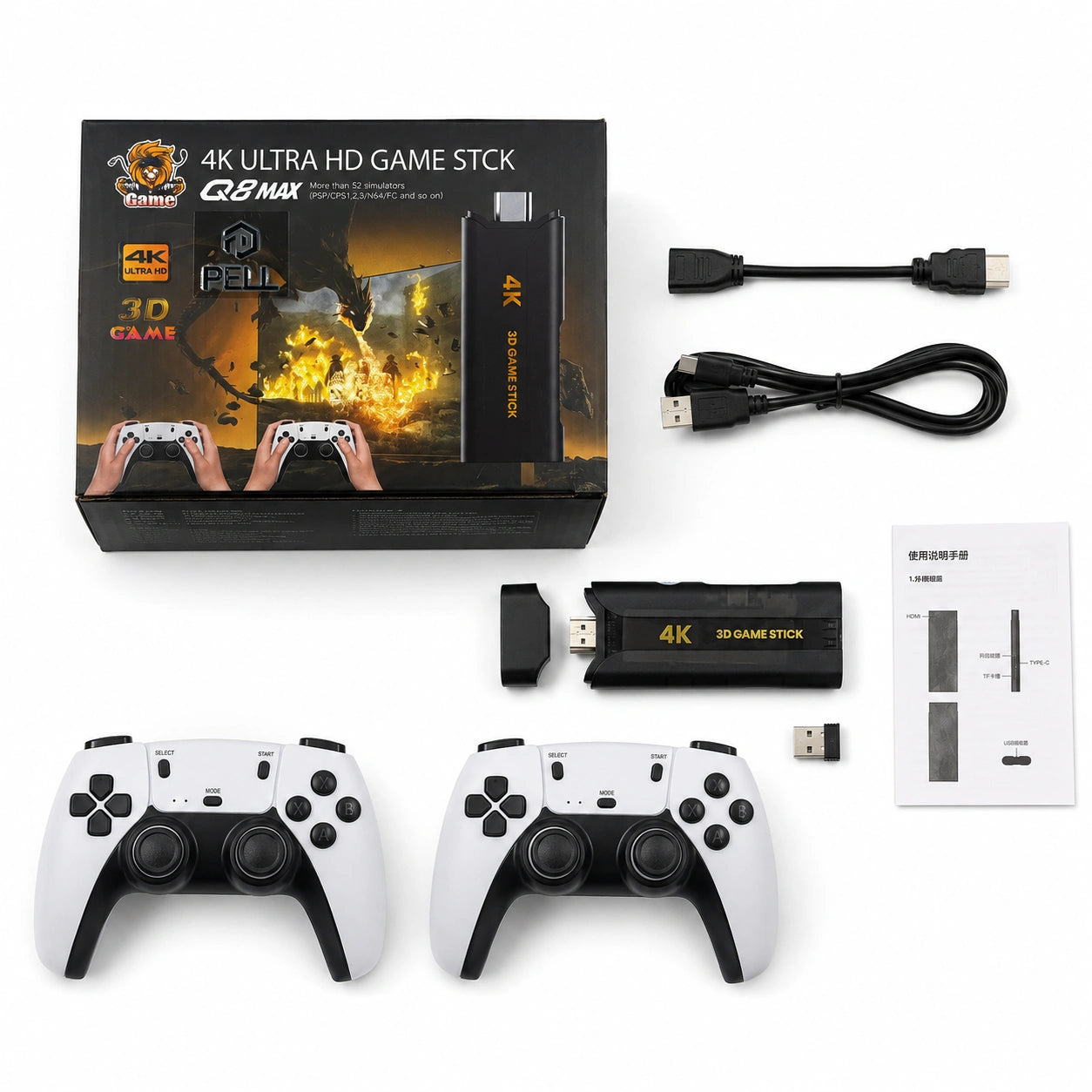 Q8 Max 4K Game Stick Retro Oyun Konsolu 48.000+ Oyunlu, Kablosuz Çift Kollu Atari Konsolu