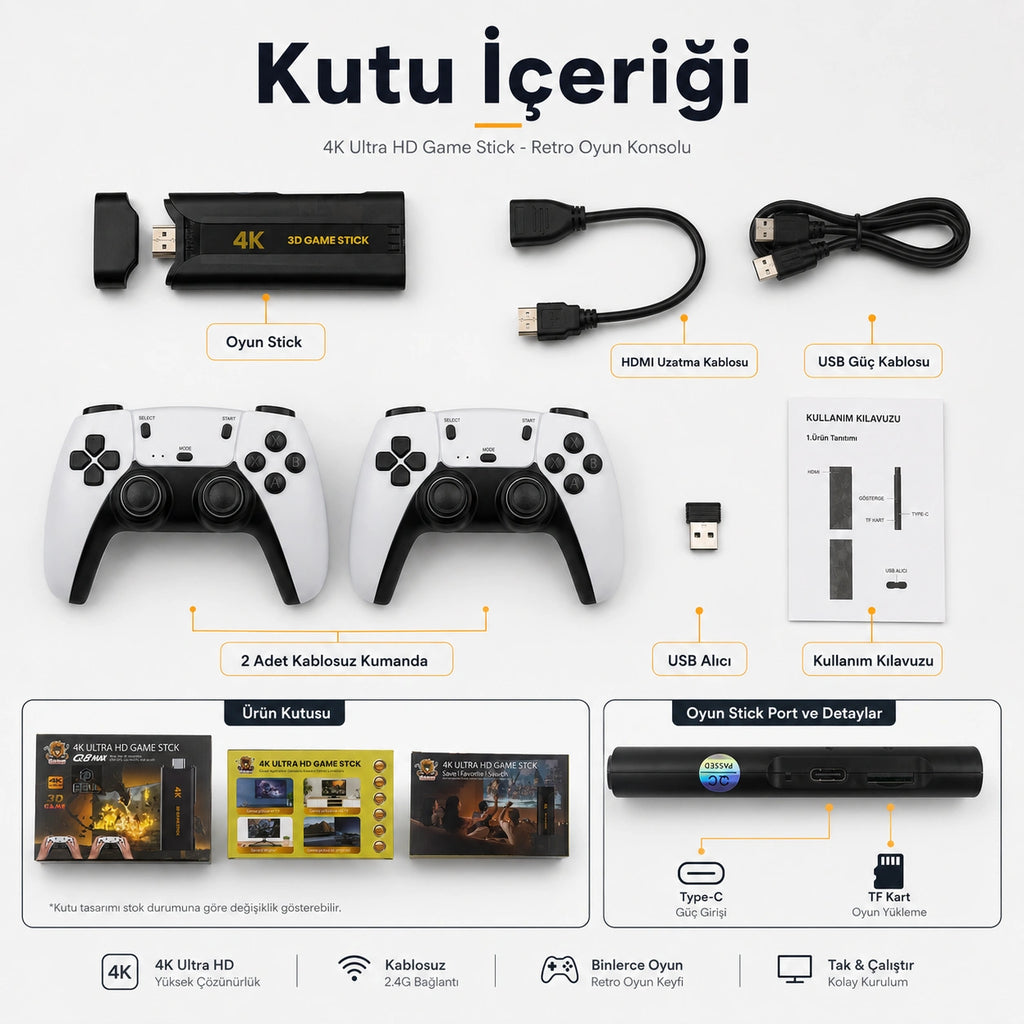 PELL Q8 Max 4K Game Stick Retro Oyun Konsolu 48.000+ Oyunlu, Kablosuz Çift Kollu Atari Konsolu