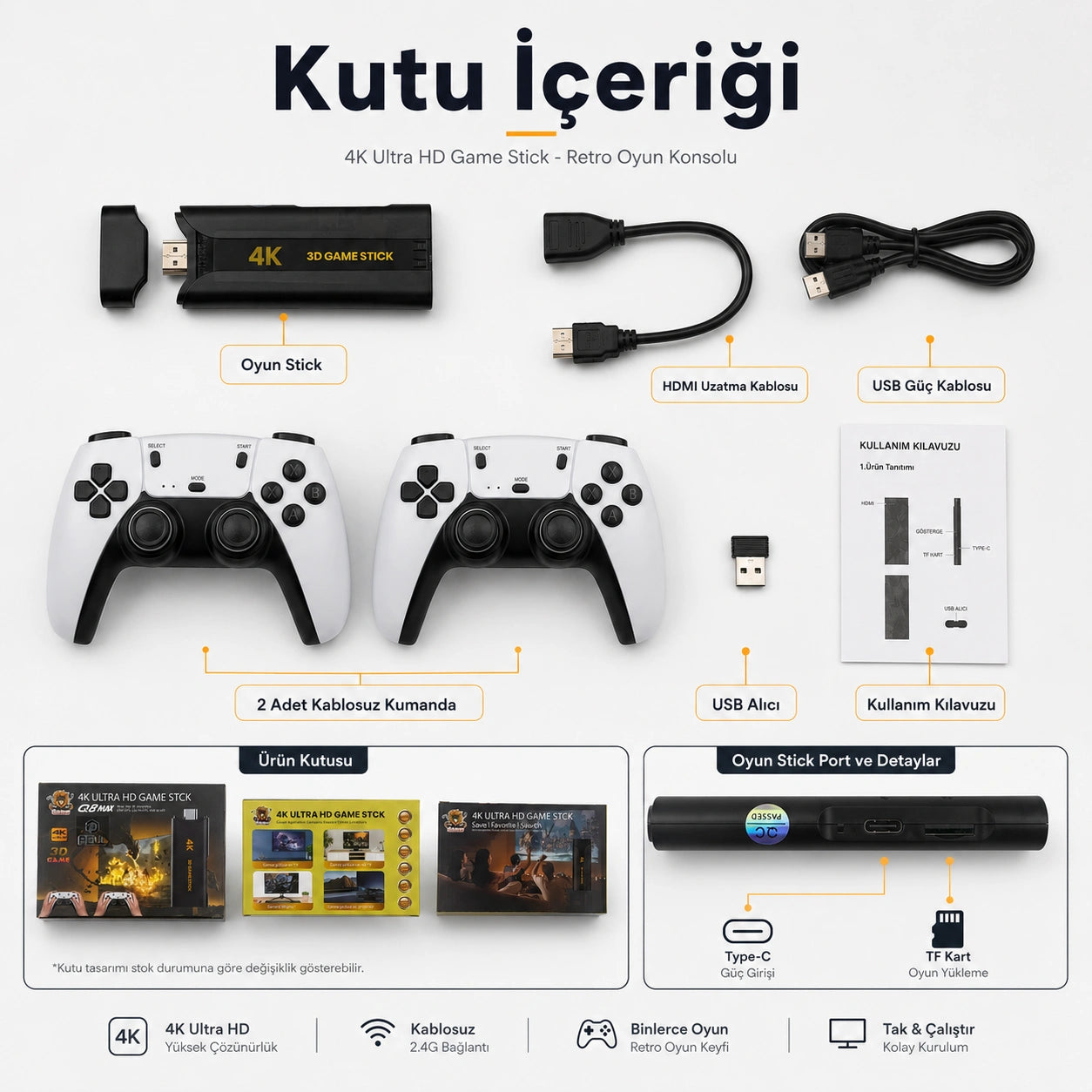 Q8 Max 4K Game Stick Retro Oyun Konsolu 48.000+ Oyunlu, Kablosuz Çift Kollu Atari Konsolu