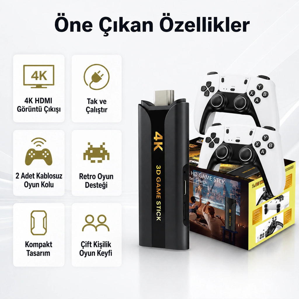 Q8 Max 4K Game Stick Retro Oyun Konsolu 48.000+ Oyunlu, Kablosuz Çift Kollu Atari Konsolu