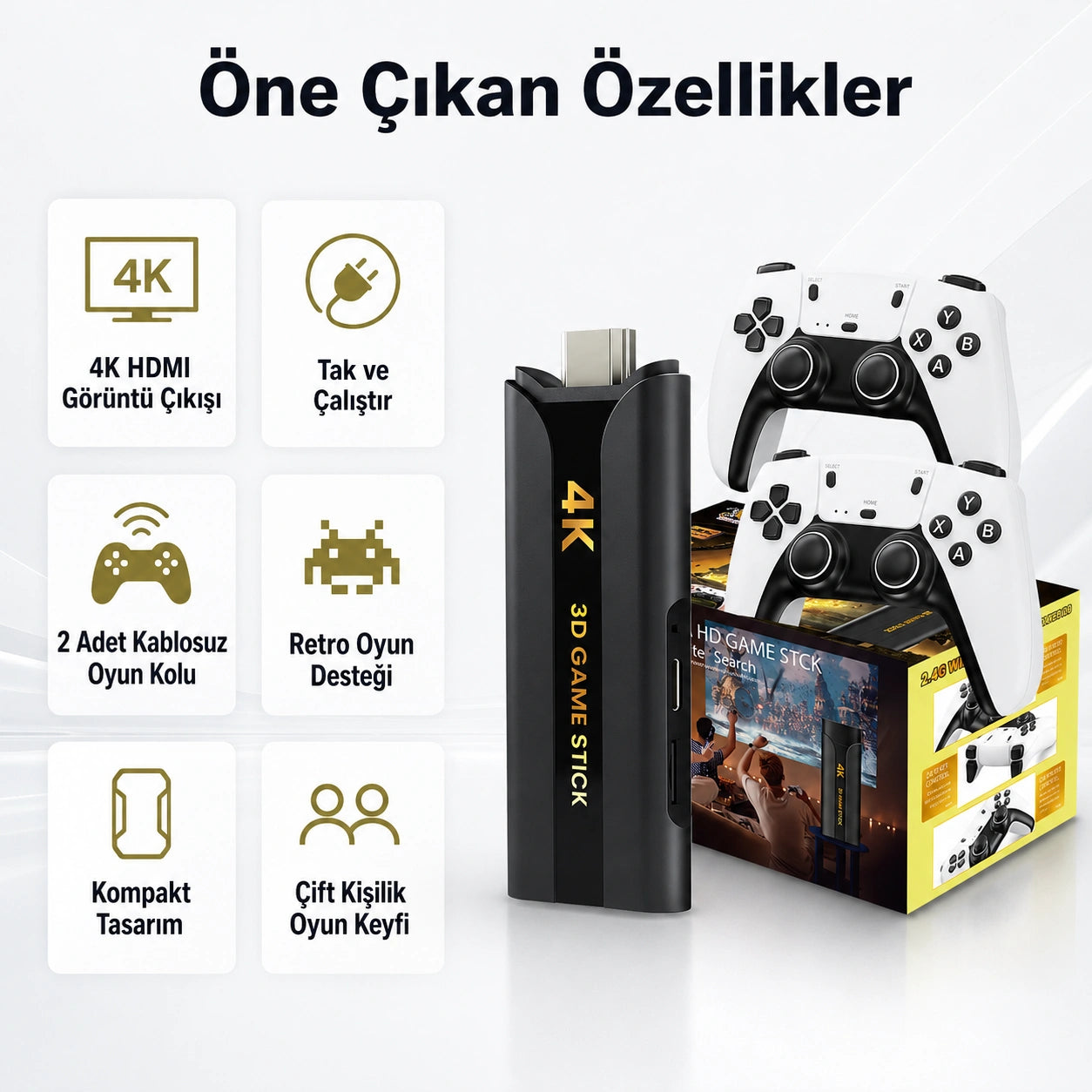 Q8 Max 4K Game Stick Retro Oyun Konsolu 48.000+ Oyunlu, Kablosuz Çift Kollu Atari Konsolu