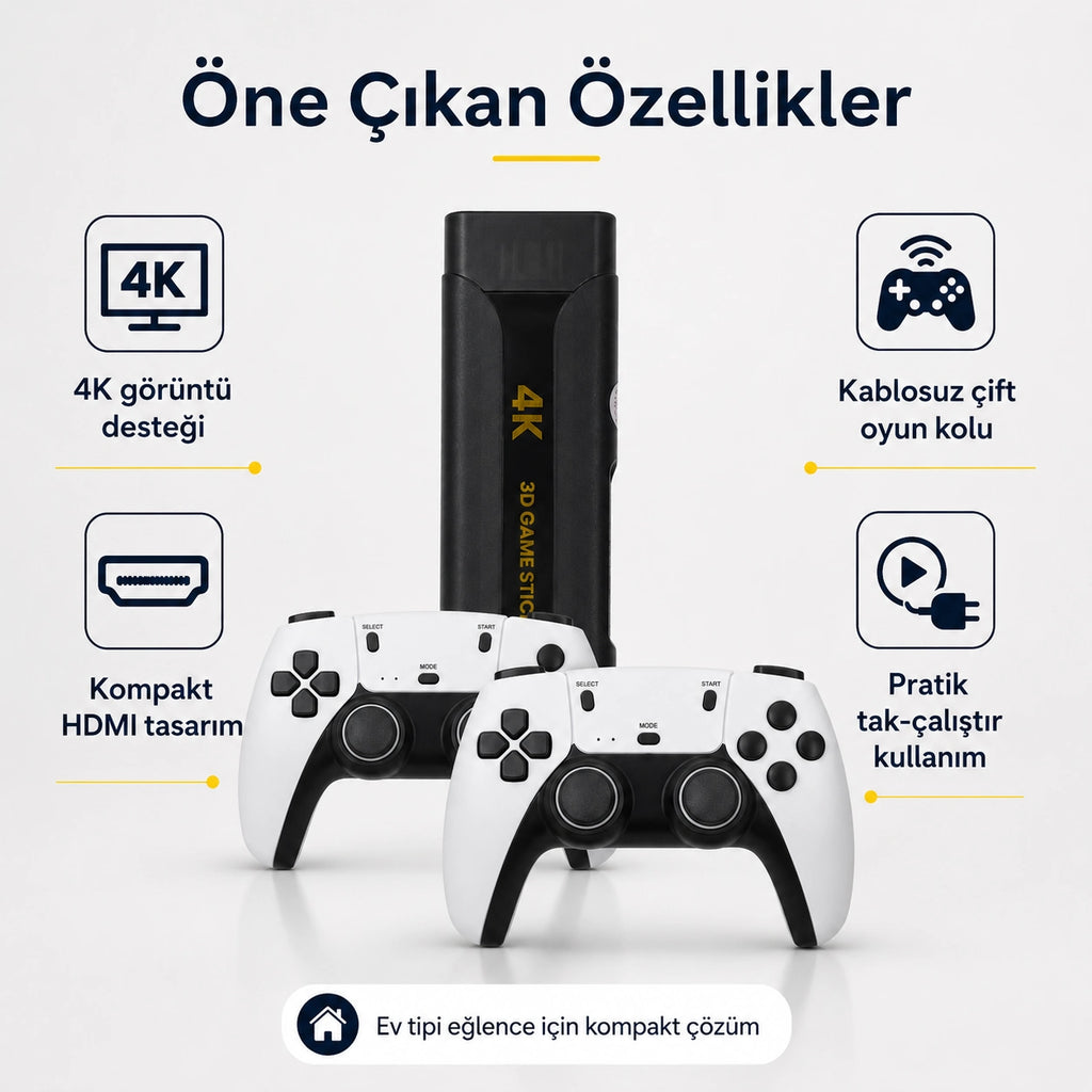 PELL Q8 Max 4K Game Stick Retro Oyun Konsolu 48.000+ Oyunlu, Kablosuz Çift Kollu Atari Konsolu