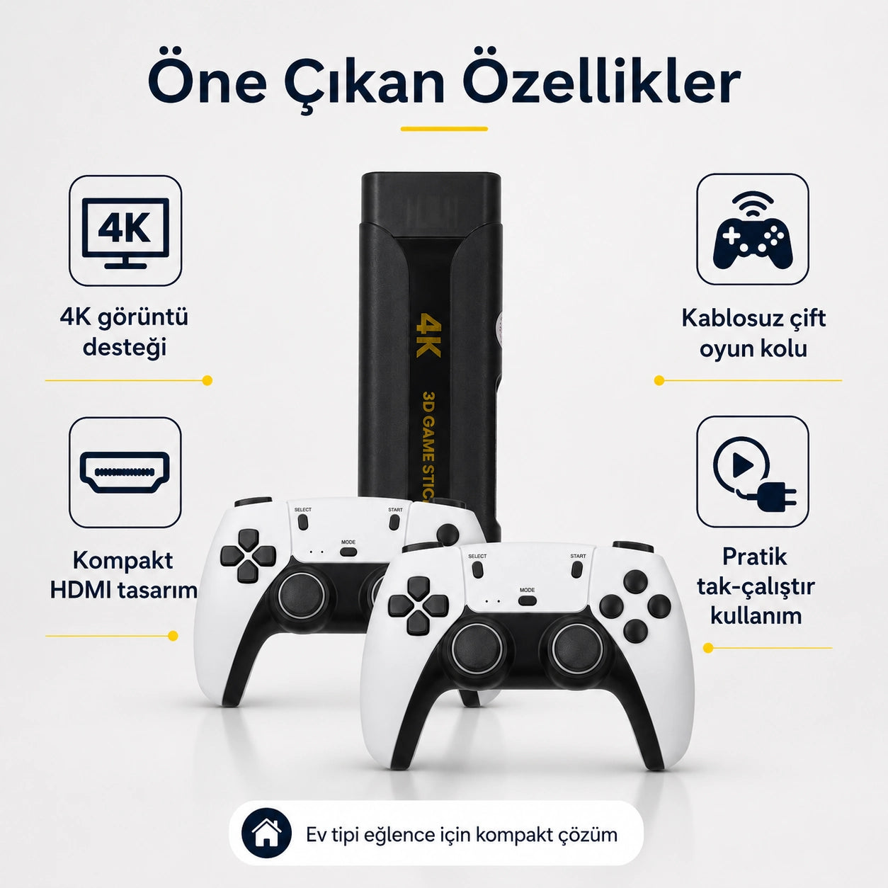Q8 Max 4K Game Stick Retro Oyun Konsolu 48.000+ Oyunlu, Kablosuz Çift Kollu Atari Konsolu