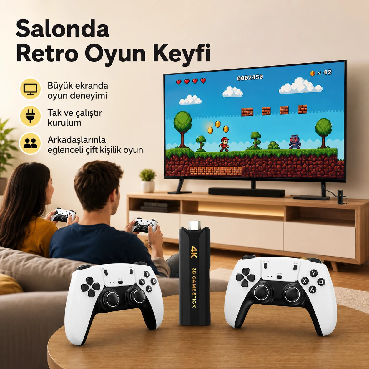 Q8 Max 4K Game Stick Retro Oyun Konsolu 48.000+ Oyunlu, Kablosuz Çift Kollu Atari Konsolu