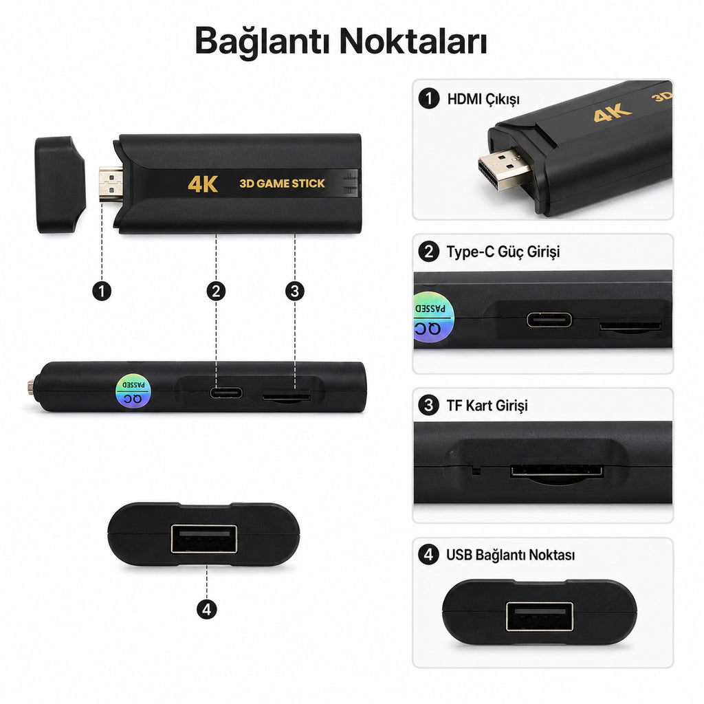 PELL Q8 Max 4K Game Stick Retro Oyun Konsolu 48.000+ Oyunlu, Kablosuz Çift Kollu Atari Konsolu