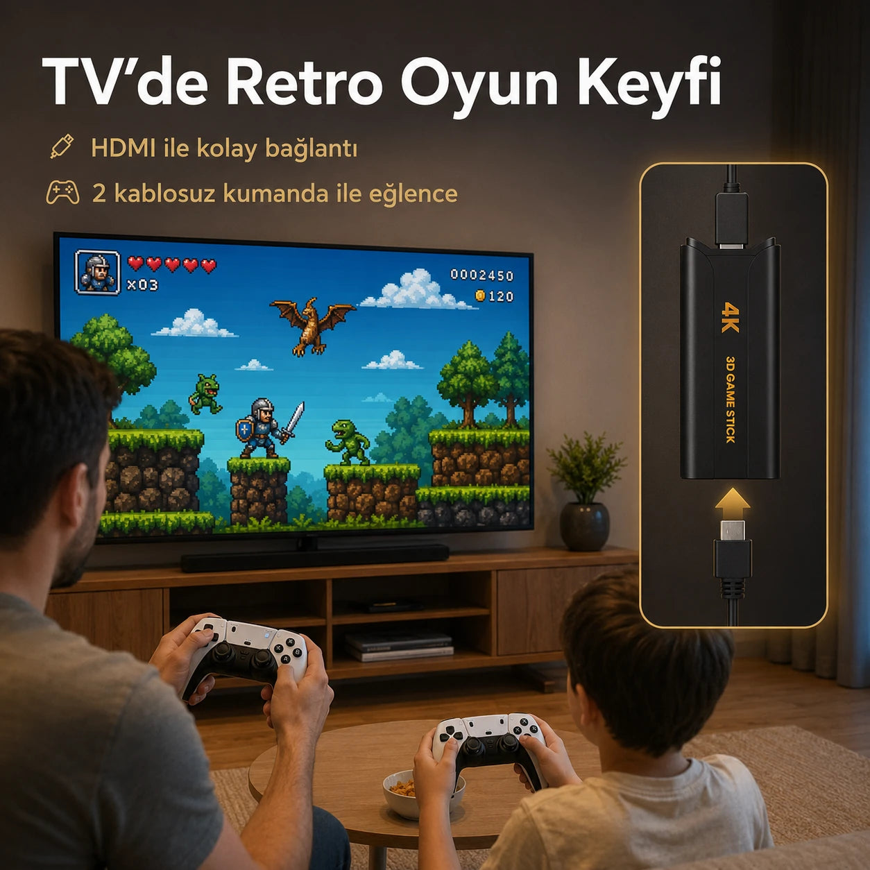 Q8 Max 4K Game Stick Retro Oyun Konsolu 48.000+ Oyunlu, Kablosuz Çift Kollu Atari Konsolu
